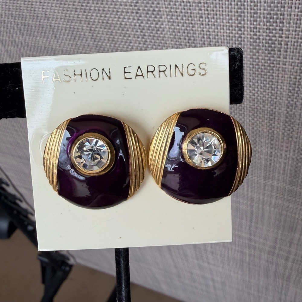 Vtg 80s Statement Earrings Purple Enamel Gold Ribbed Chunky Domes Rhinestone